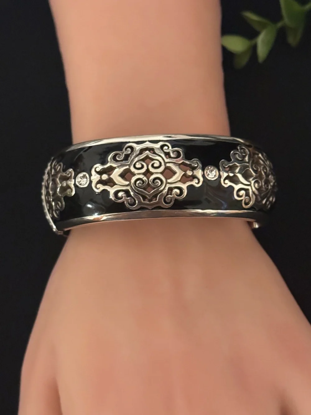 Brighton‎ Black Enamel Silver-Tone Filigree Bangle Bracelet